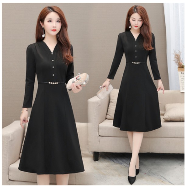 Korean Style Autumn Elegant Women Dinner Dress Plus Size Solid Color Slim V-neck Tunic Midi A-line Cocktail Christmas Party Prom Dresses