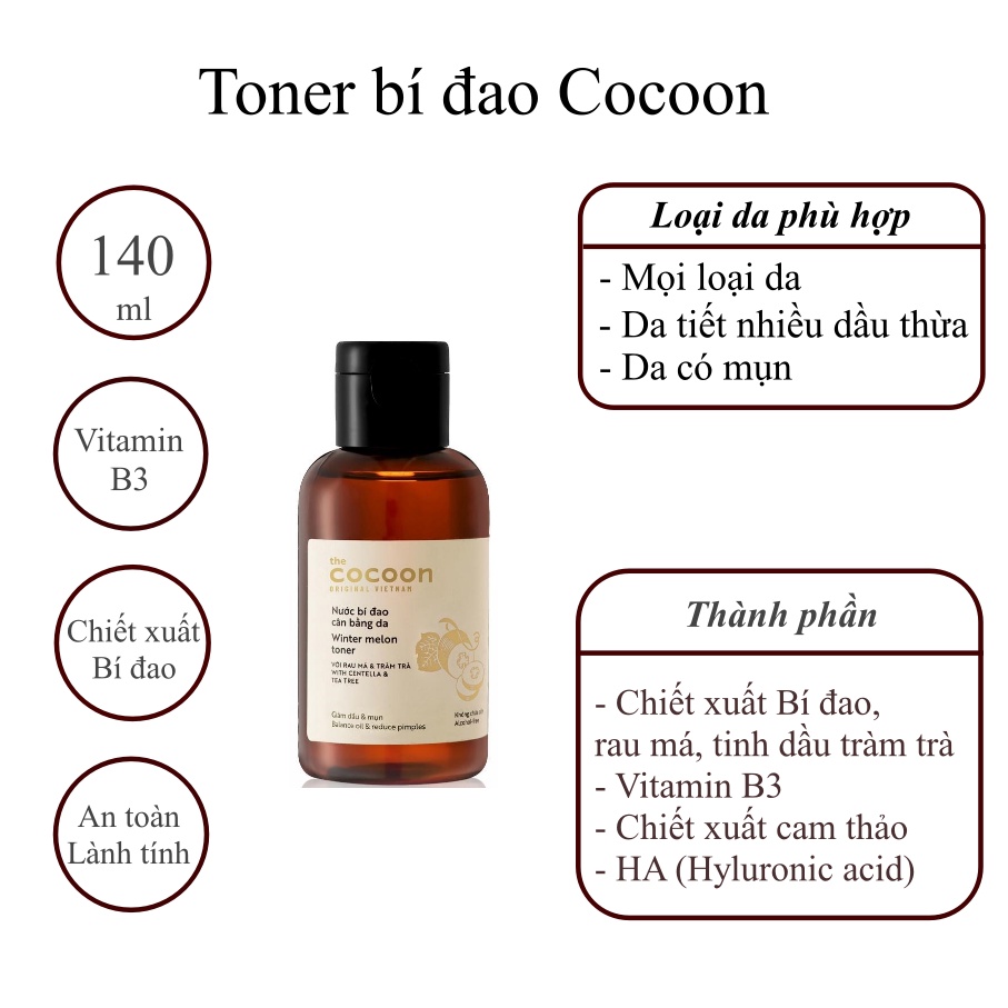 Toner bí đao Cocoon 140 ml dành cho da dầu, cân bằng độ PH trên da