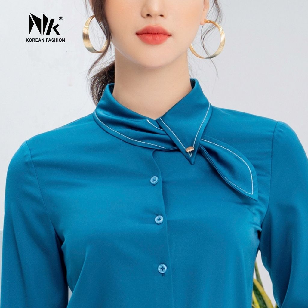 Áo Sơ Mi Nữ Dài Tay NK Fashion Cổ Đức Nơ Kiểu Cách Điệu, Chất Lụa Co Giãn Nhẹ NKSM2112002