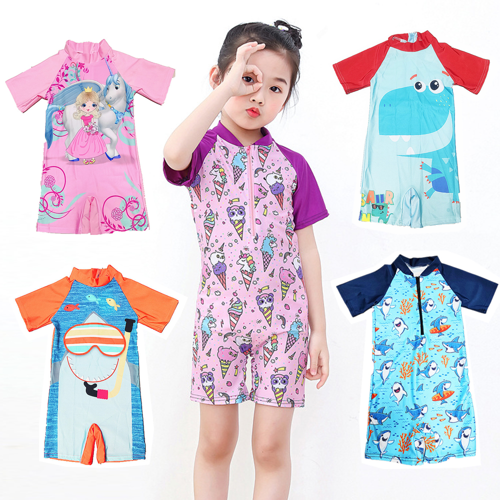 Bộ Đồ Bơi Liền Thân Tay Ngắn In Hình Cá Mập Cho Bé 3-12 Tuổi