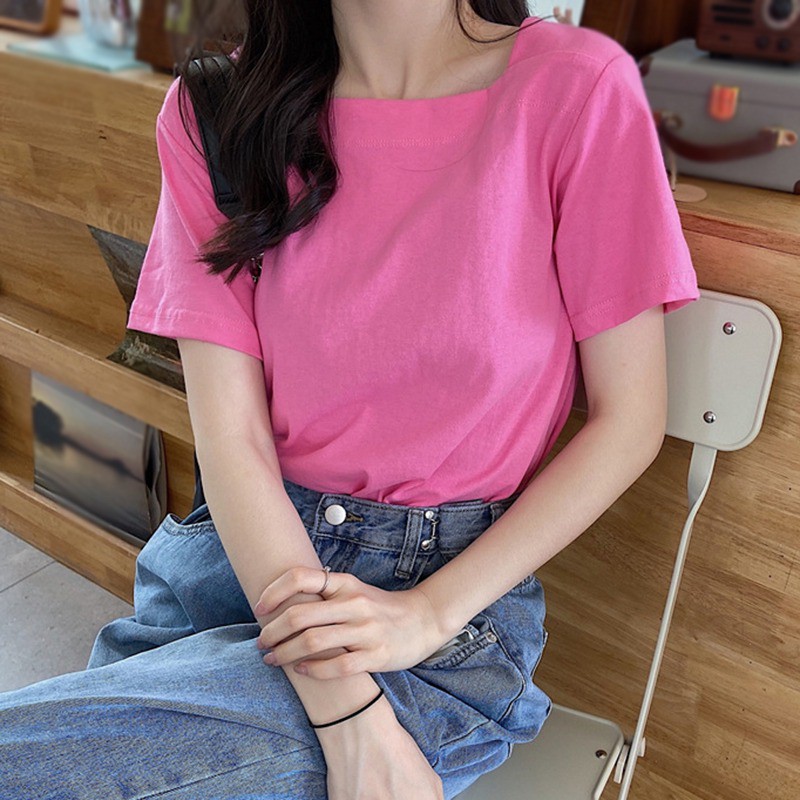 Áo thun nữ ngắn tay cổ vuông thời trang Hàn Quốc