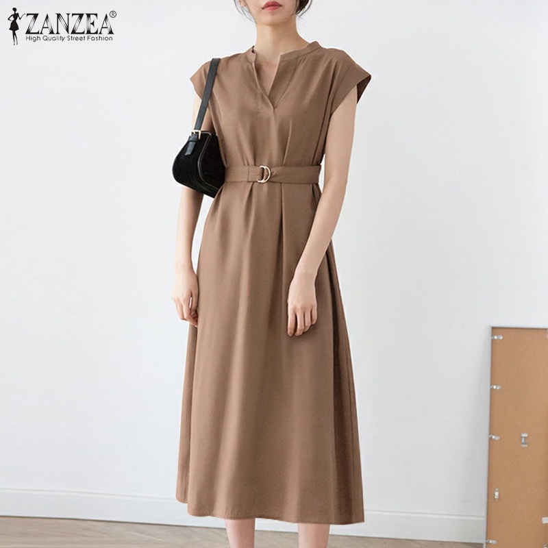 Đầm Dài Cổ V Tay Ngắn Kèm Thắt Lưng Thời Trang Cho Nữ ZANZEA