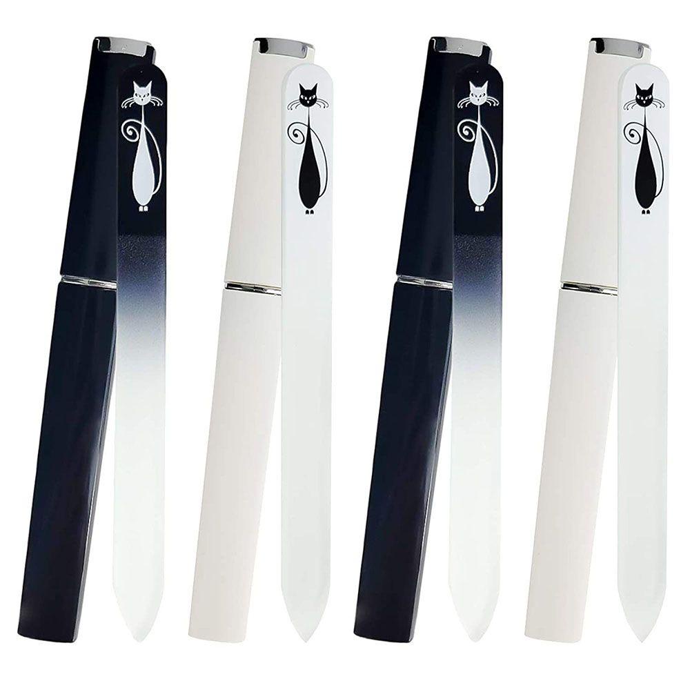 Dụng Cụ Dũa Móng Tay Thủy Tinh Họa Tiết Mèo Trắng Đen Kèm Hộp Đựng