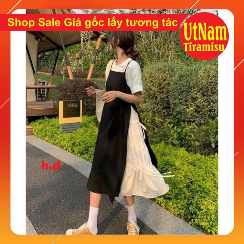 Sét váy 2 dây buộc eo phối váy trắng dáng xòe + áo thun trắng chất tuyết mưa basic nữ
