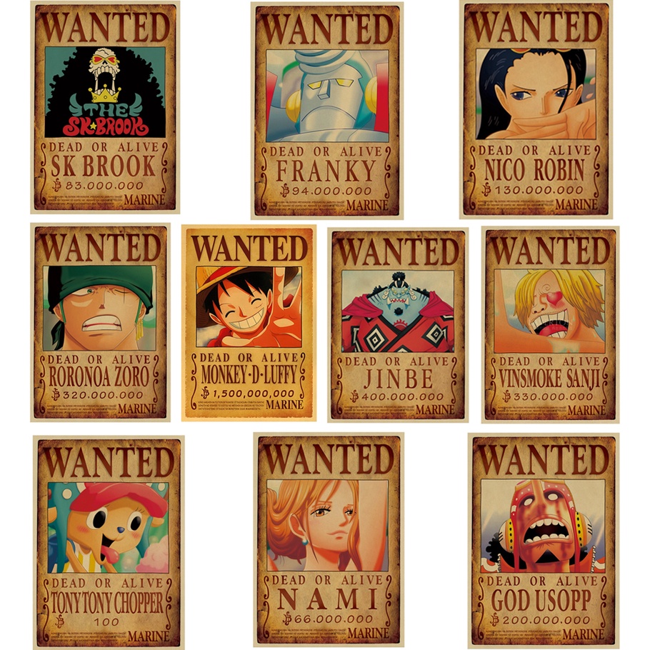 Combo Poster Truy Nã One Piece Kích Thước 51*36 cm - Tờ Truy Nã Nhân Vật Hoạt Hình One Piece Dán Tường Siêu Đẹp