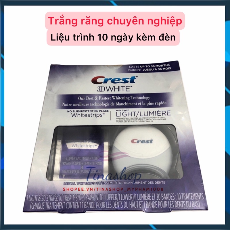 Bộ 20 miếng (10 gói) dán trắng răng Crest 3D White và đèn chiếu