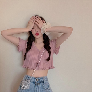 [Women] Croptop knitted short sleeves, V-neck, solid color, Korean version