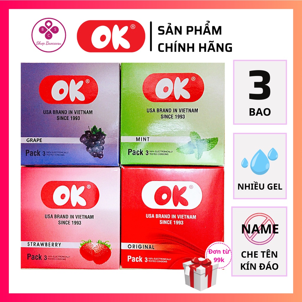 Bao cao su Ok siêu mỏng bcs hương bạc hà, dâu, nho hộp 3 chiếc