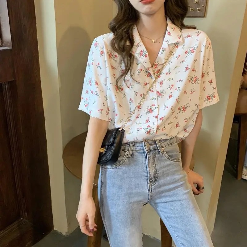 Áo Sơ Mi Ngắn Tay In Hoa Xinh Xắn Phong Cách Hàn Quốc
