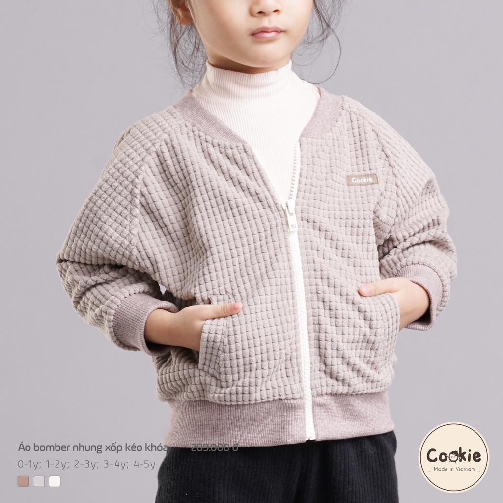 Áo bomber nhung xốp kéo khóa Cookie dành cho bé trai bé gái ấm áp cao cấp