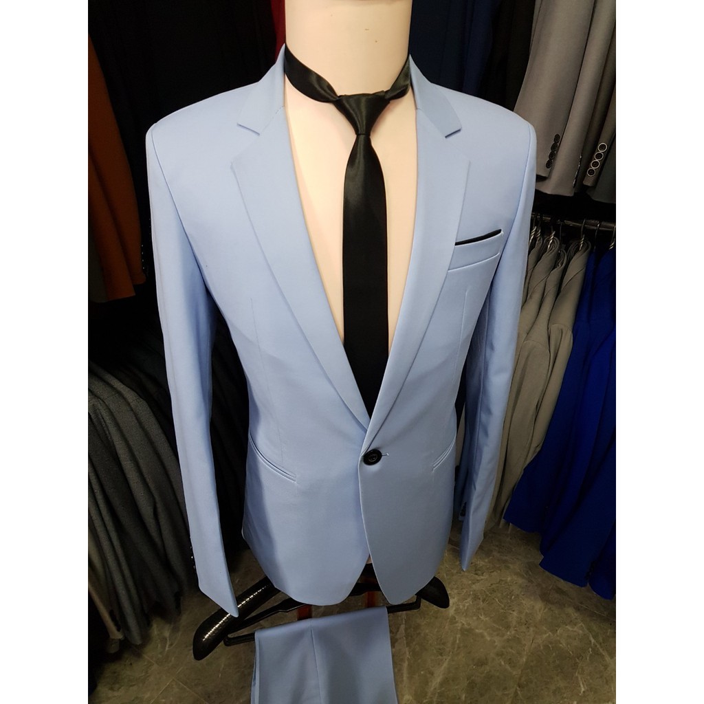 Bộ vest nam ôm body màu xanh da trời chất vải dày mịn co giãn + cà vạt nơ đen