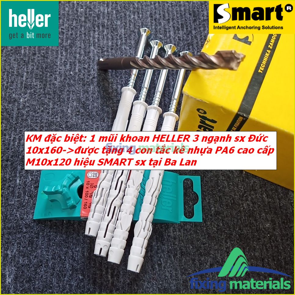 KM đặc biệt: Mũi khoan HELLER 3 ngạnh 10x160 tặng 4 con tắc kê cao cấp M10x120 kèm vít hiệu SMART, nhập khẩu EU