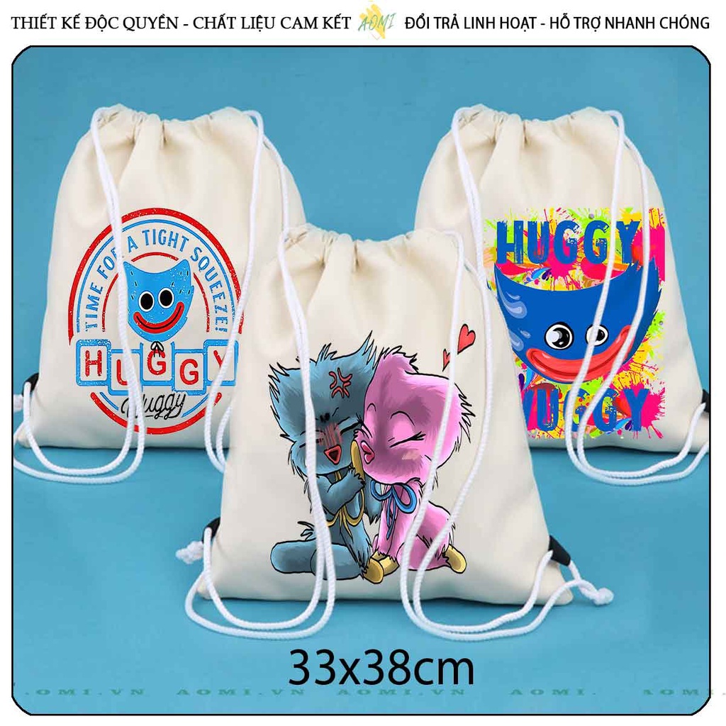 BALO MINI HUGGY WUGGY AOMIVN DÂY RÚT ĐEO VAI 33x38cm NHỎ XINH UNISEX CHẤT CANVAS CUTE TIỆN ÍCH DU LỊCH ĐEN TRẮNG