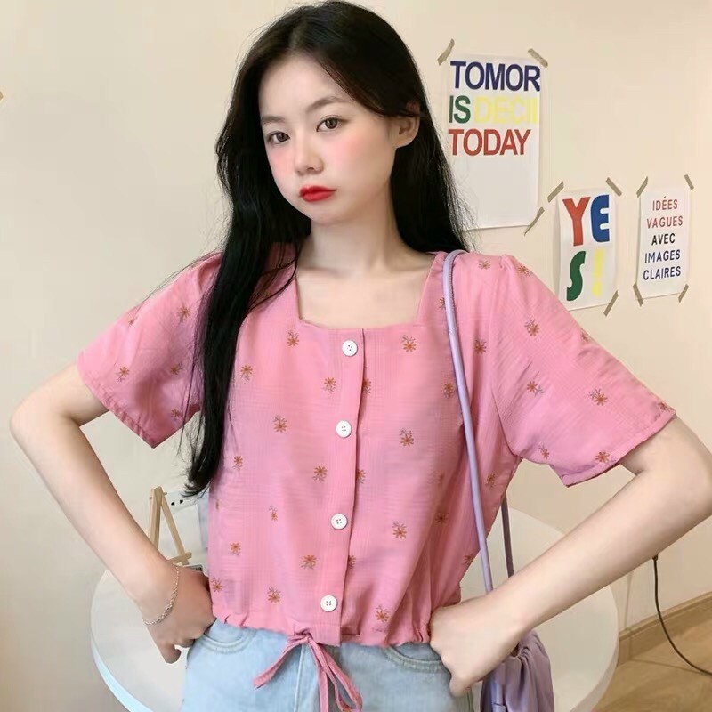 áo bông phối nút cổ vuông ngắn tay