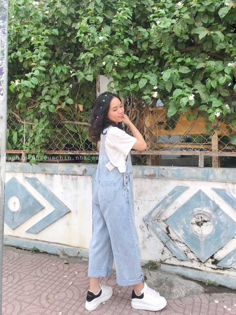 Yếm jean nữ, Yếm bò ống suông form rộng màu xanh nhạt Basic Phong Cách Hàn Quốc, Bigsize Loại 1 Quảng Châu