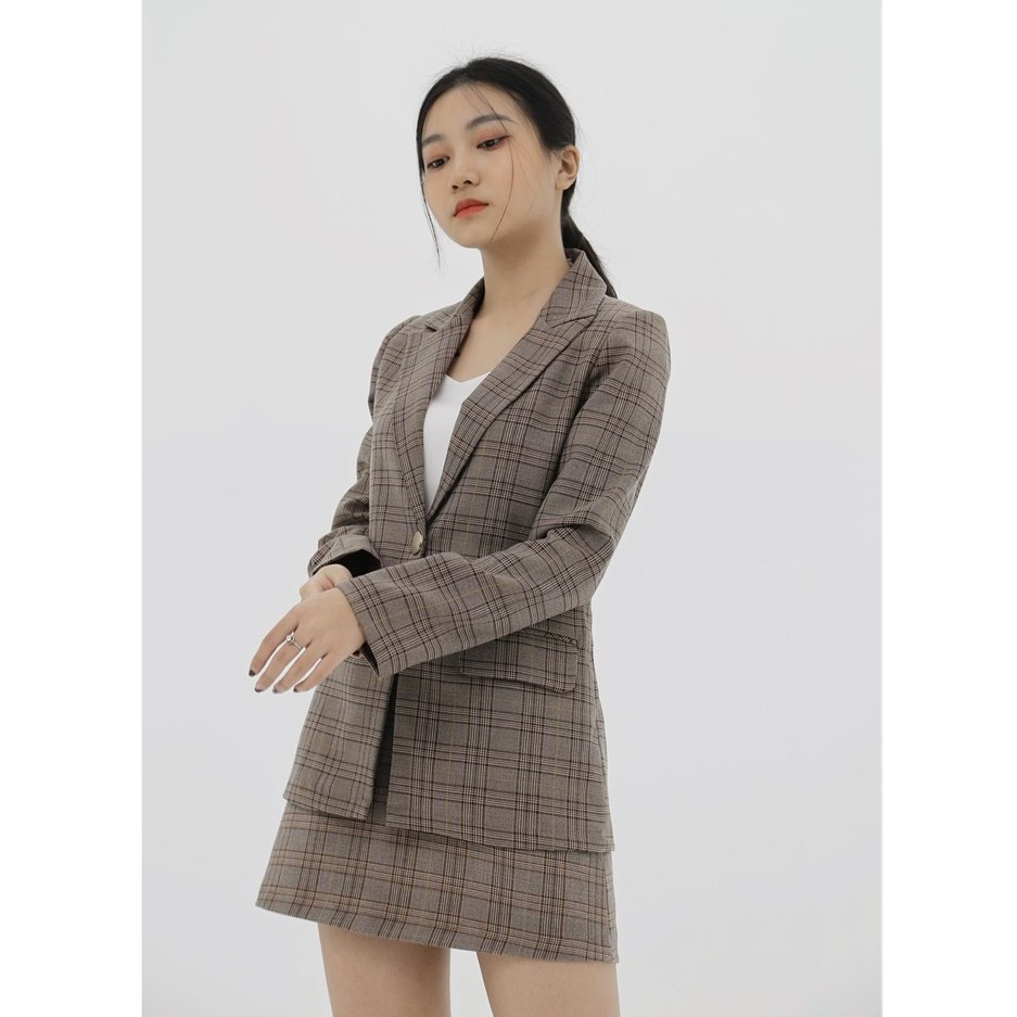 Áo vest blazer nữ KHÀN màu caro nâu kẻ vàng áo khoác công sở tay dài 1 lớp phong cách Hàn Quốc