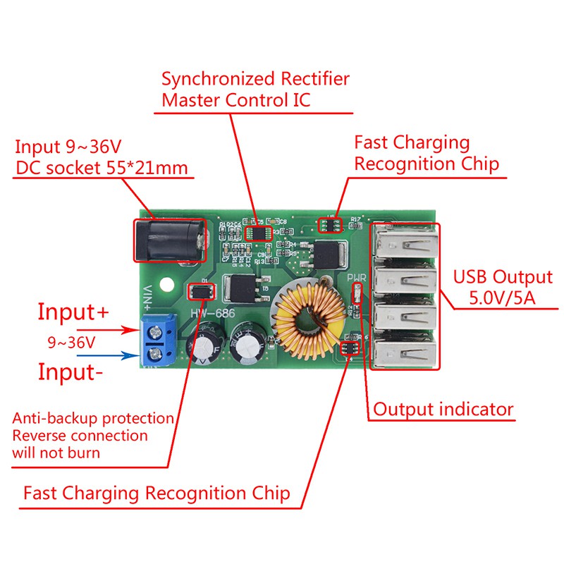 Bảng mô đun nguồn hạ áp DC-DC 9V 12 V 24 V 36V đến 5V 4 đầu ra USB với vỏ nhôm cho điện thoại