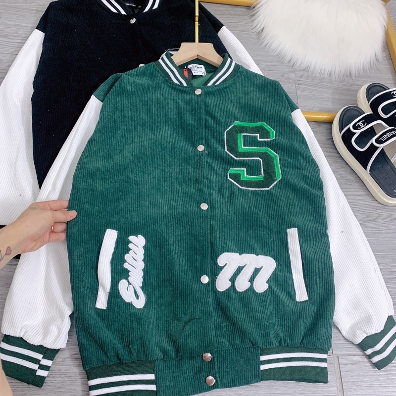 Áo Bomber Thể Thao Áo Khoác Bóng Chày Nhung Tăm Chữ S
