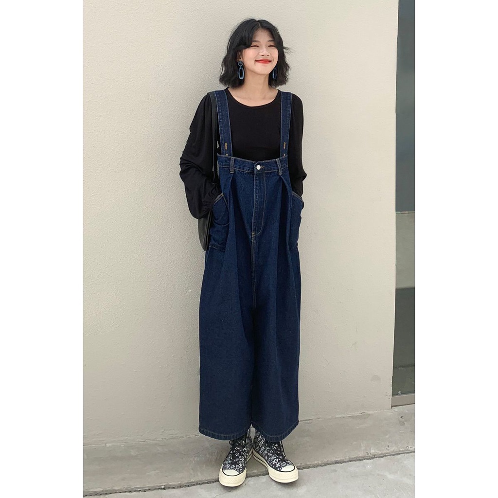Quần yếm denim form rộng phong cách cổ điển Hàn Quốc