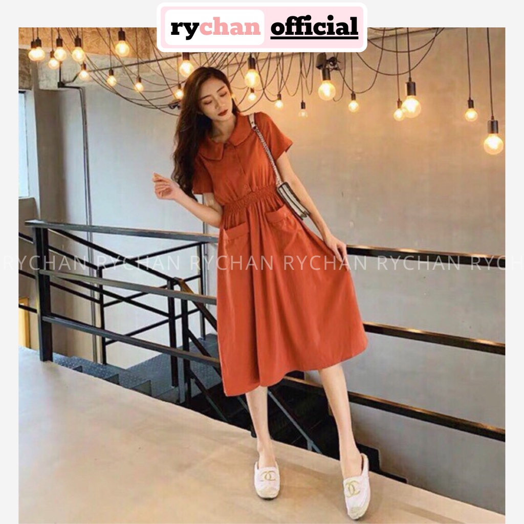 [ẢNH THẬT CUỐI] Đầm Xòe Sơ Mi Cổ Sen Cam Đất 2 Túi Dễ Thương - DX331