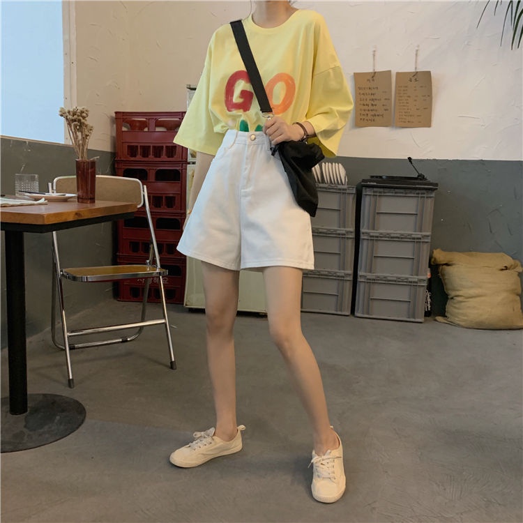 Quần Short Denim Lưng Cao Ống Rộng Màu Trắng Thời Trang Mùa Hè Phong Cách Hàn Quốc Mới Cho Nữ