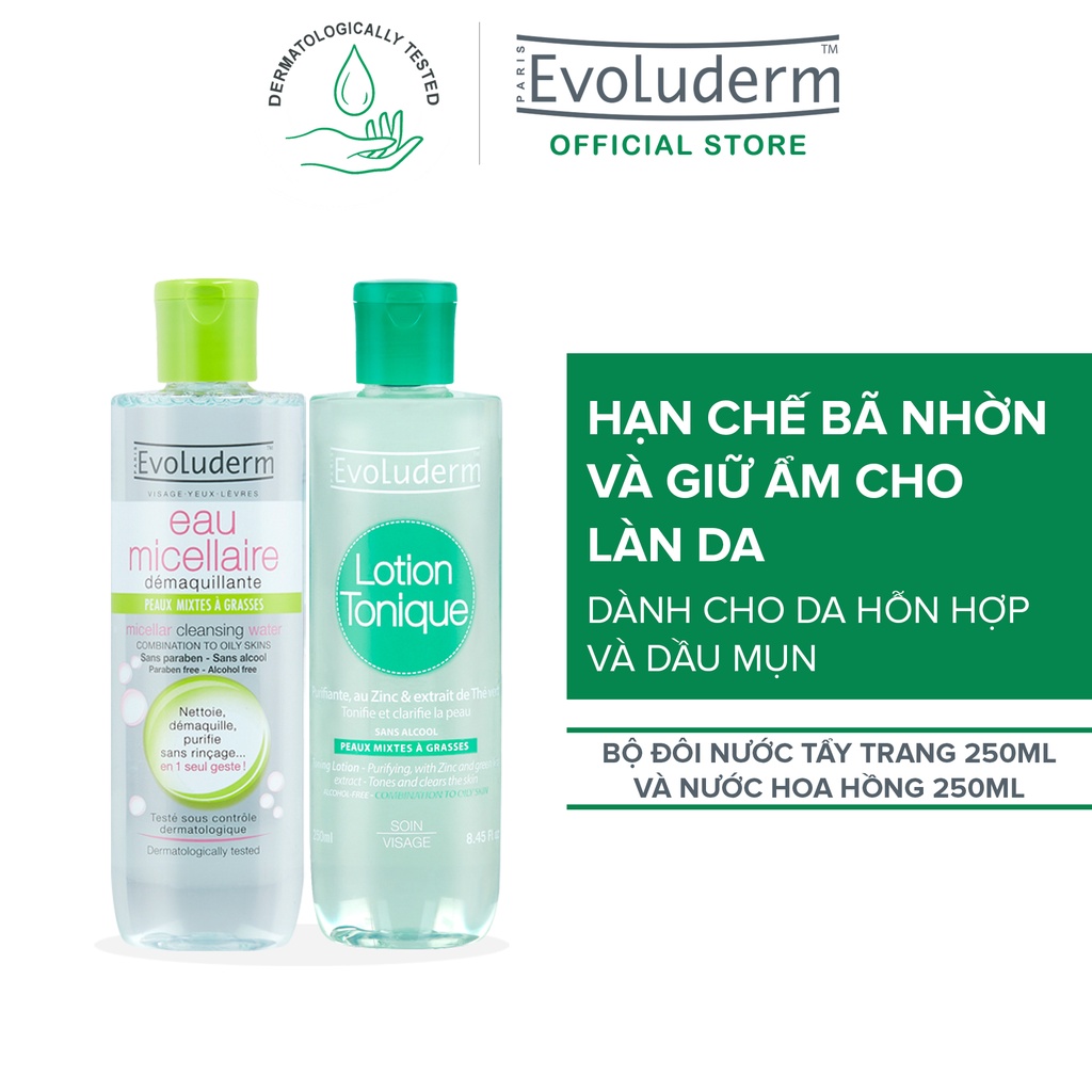 Bộ 2 Nước tẩy trang EVOLUDERM 250ml và Nước hoa hồng hỗn hợp Evoluderm 250ml dành cho da hỗn hợp dầu mụn