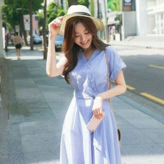 Váy sơ mi cổ vest thắt nơ kèm ảnh thật