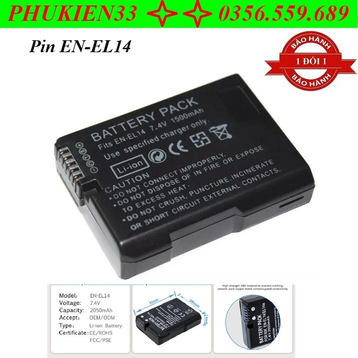 Pin máy ảnh EN-EL14 1500mAh cho Nikon D3100 D3200 D5100 D5200 P7000 P7100 D5300 cao cấp