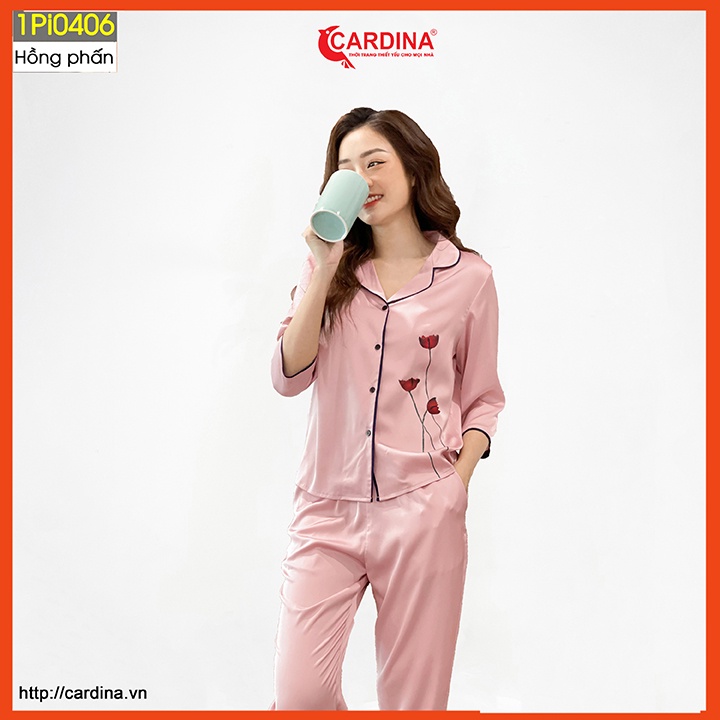Đồ bộ pijama nữ CARDINA chất lụa satin Nhật cao cấp quần dài áo tay lỡ hoạ tiết hoa tuylip nhẹ nhàng 1Pi04.