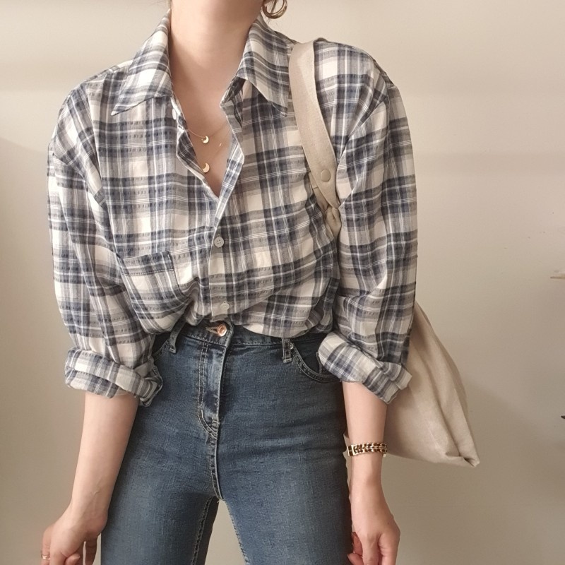 Áo sơ mi dài tay dáng rộng họa tiết kẻ sọc thời trang 46226