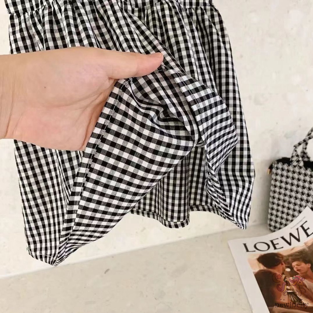 Đầm Công Chúa Không Tay Họa Tiết Caro Trắng Đen Phối Ren Phong Cách Hàn Quốc Cho Bé Gái