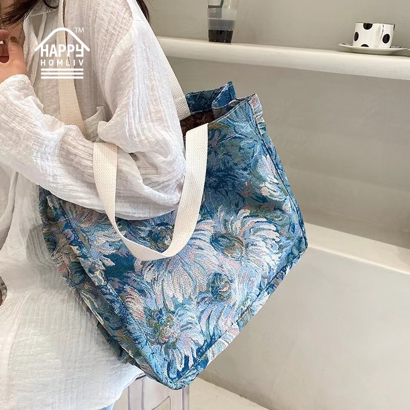 HAPPY HOMLIV Túi Tote Canvas A4 Sức Chứa Lớn Đựng Được Máy Tính In Họa Tiết Tranh Sơn Dầu Chất Lượng Cao 17-Inch Phong Cách Retro Pháp Cho Nữ Sinh