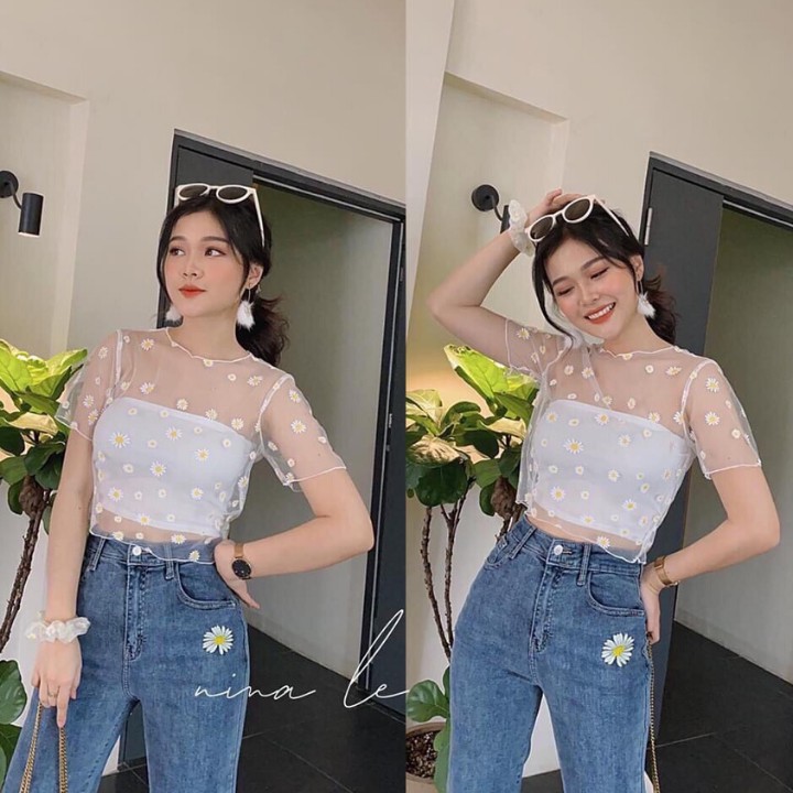 Set Áo Kiểu Croptop Hai Dây Thun Gân Và Áo Lưới Hoa Cúc Cực Xinh Hàng Chuẩn Shop