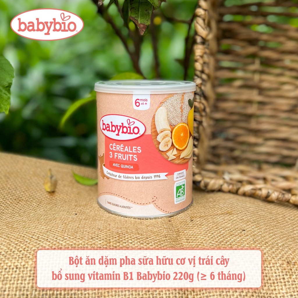 Bột ăn dặm pha sữa (bột lắc sữa) hữu cơ cho bé từ 6 tháng, bổ sung vitamin B1 BabyBio 220g (hàng Air)