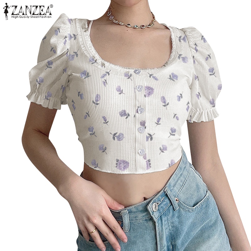 Áo ZANZEA tay phồng cổ chữ U thời trang thanh lịch cho nữ