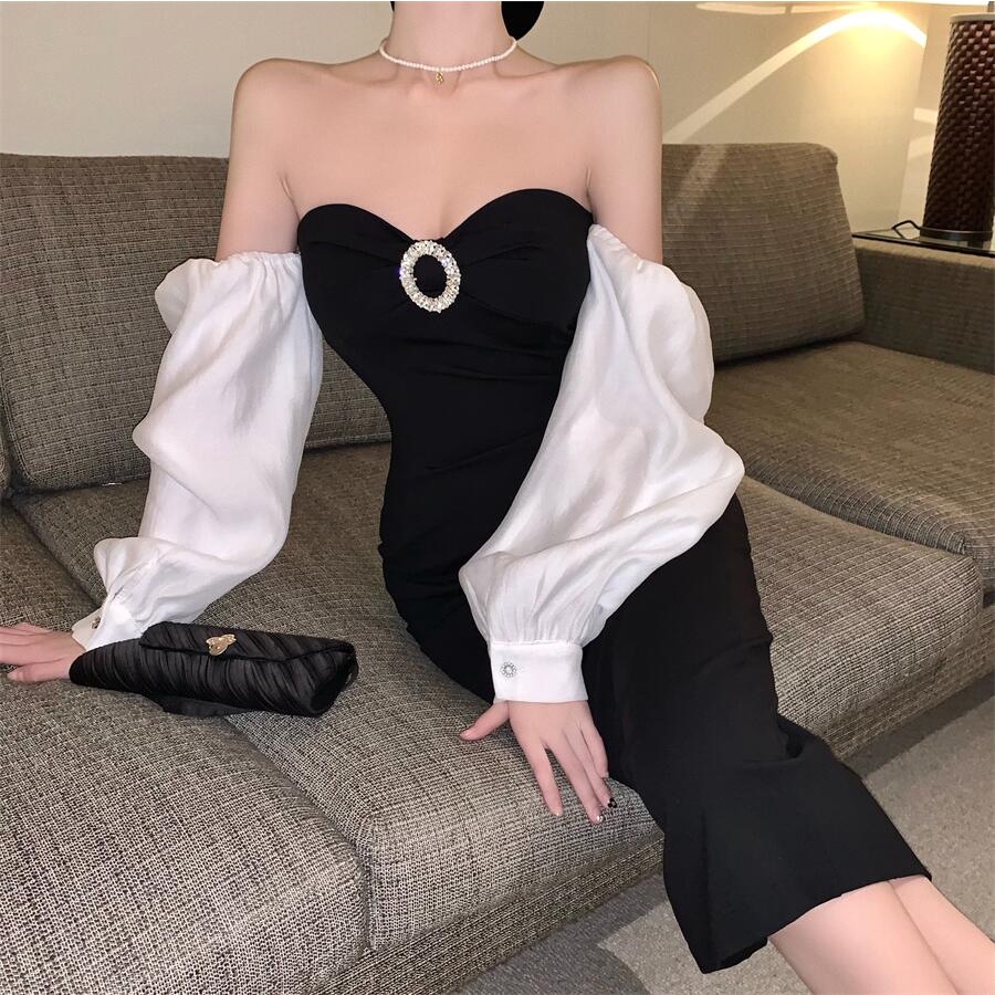 Đầm Ôm Hông Tay Dài Phồng Cổ Cao Vừa Vặn Ghép Màu Sắc Tương Phản Kiểu Pháp