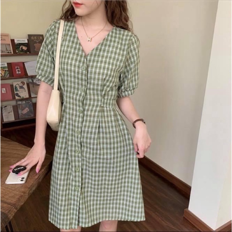 Đầm kiểu ngắn nữ tay ngắn sọc caro retro dáng suông xoè tiểu thư nơ buộc lưng - Order taobao quảng châu