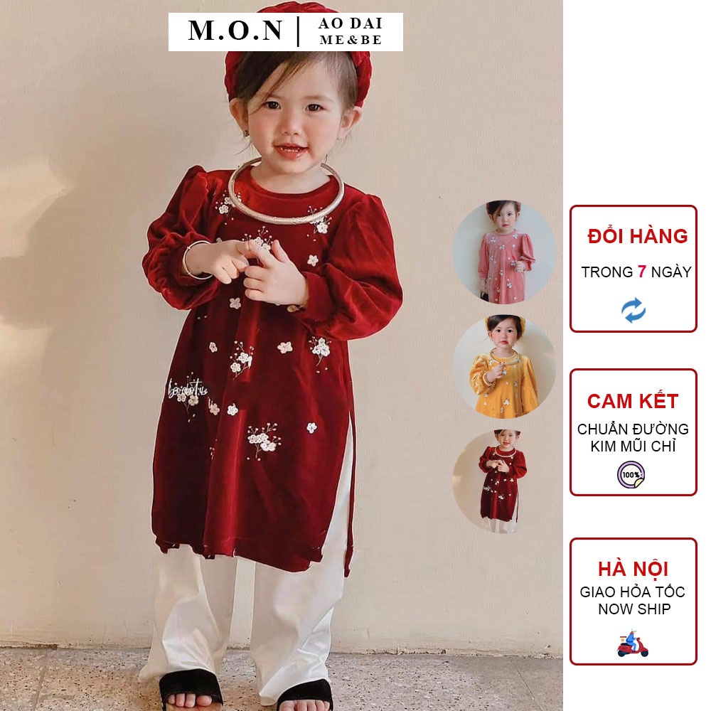 Áo Dài Nhung Cho Gái Hoa Xuân Hoa Kết Nổi Set 3 Chi Tiết