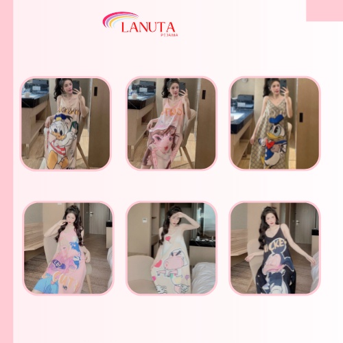 Đầm ngủ 2 dây váy mặc nhà dáng dài thiết kế in 5D sang chảnh kute dễ thương chất lụa xước mềm nhẹ mát phom 45-60 kg