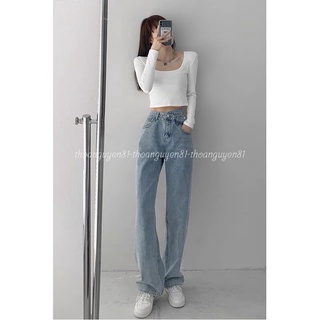Quần jeans suông ống rộng cạp chéo cao cấp 2022