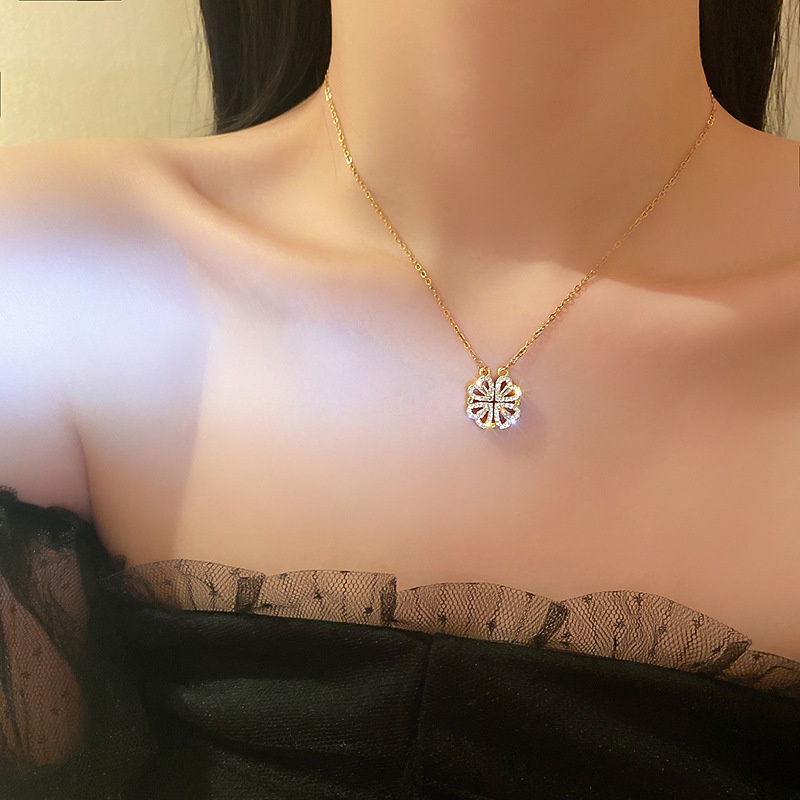 Vòng cổ AHELLOGIRL mặt cỏ bốn lá đính đá zircon hình trái tim phong cách Hàn Quốc sáng tạo dành cho nữ