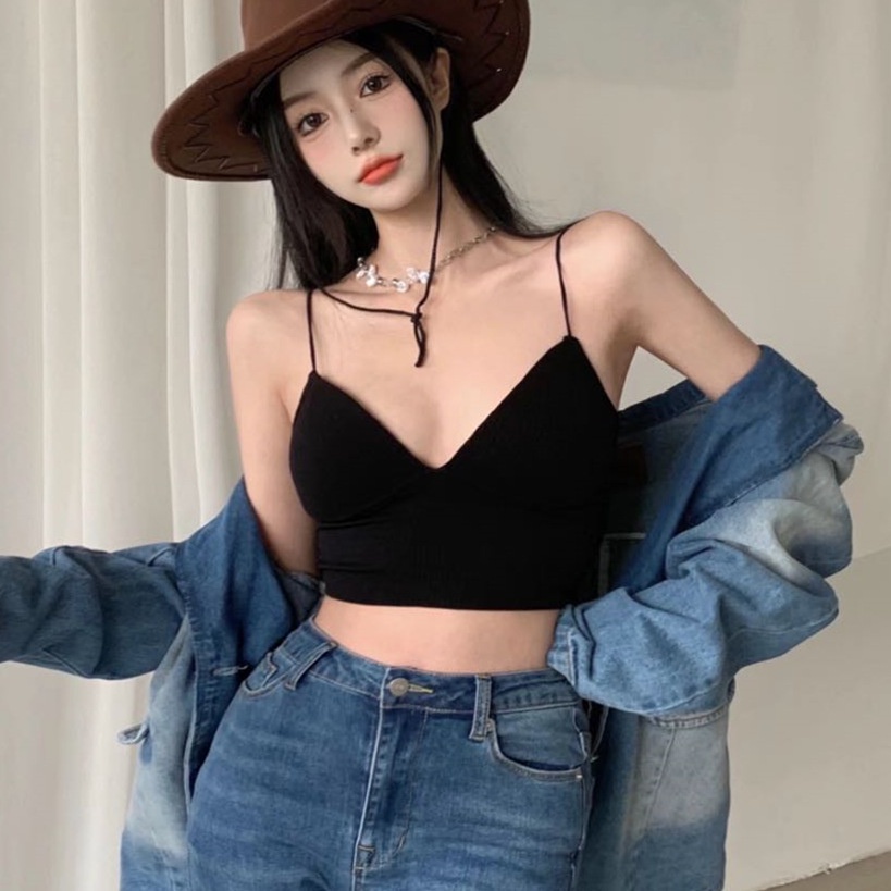 061833 Áo Ống Dệt Kim Cổ Chữ V Khoét Sâu Có Đệm Ngực Dây Đan Chéo Lưng Đẹp