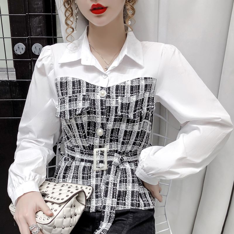 Áo Sơ Mi Mix Dạ Tweed Kèm Đai Thắt Eo Xinh Xắn Dễ Phối Đồ Kèm Ảnh Thật Tự Chụp
