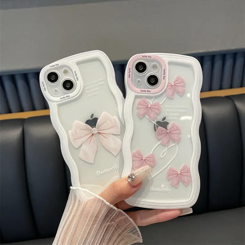 Ốp Điện Thoại Họa Tiết Lượn Sóng Đính Nơ Dễ Thương Gắn Dây Đeo Tay Cho Iphone 13Promax 1112Minixr78Plus