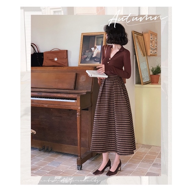 Chân váy midi chữ A hoạ tiết caro Vintage