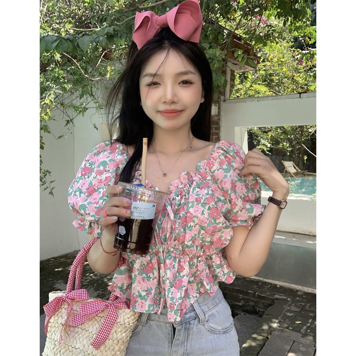 Áo Kiểu Trễ Vai Tay Phồng In Họa Tiết Hoa Thời Trang Mùa Hè 2022 Phong Cách Mới Cho Nữ