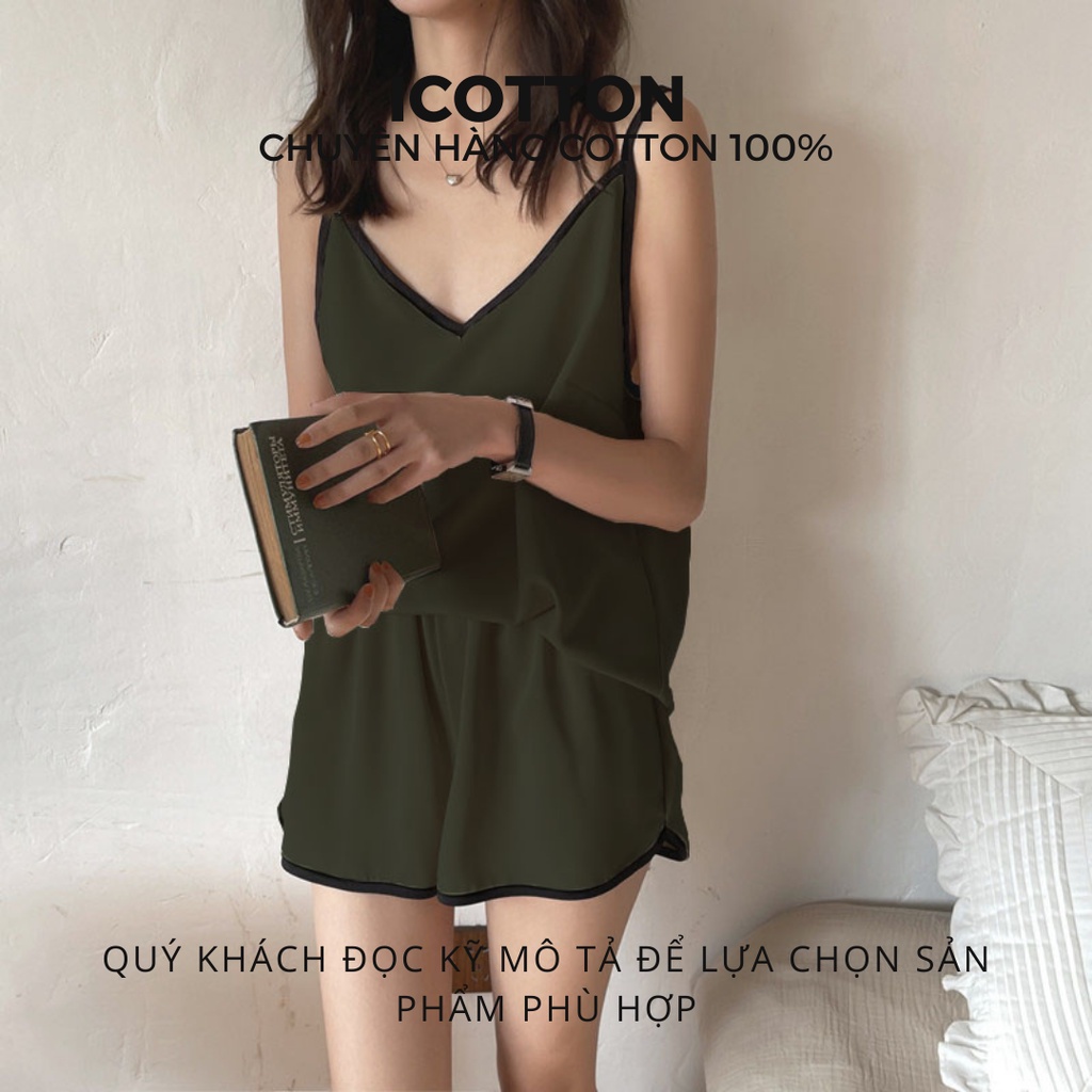 Bộ đồ ngủ nữ 2 dây sexy iCotton cao cấp chất cotton lụa đẹp mặc nhà form rộng quần ngắn dễ thương | BigBuy360 - bigbuy360.vn