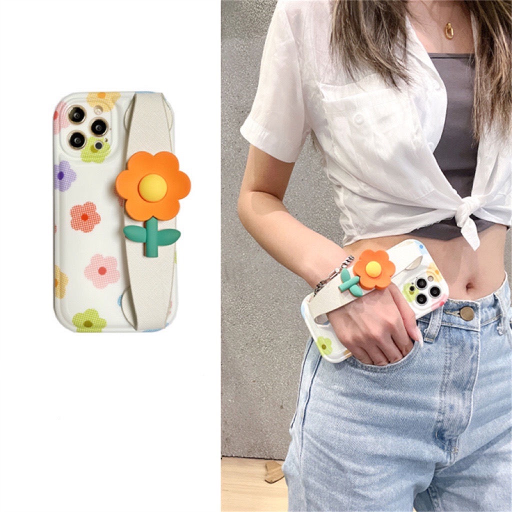 Ốp Điện Thoại Nén Khí Chống Sốc In Hình Hoa Nhỏ Màu Cam Có Dây Đeo Cổ Tay Cho iPhone12 11 xs 13pro xs