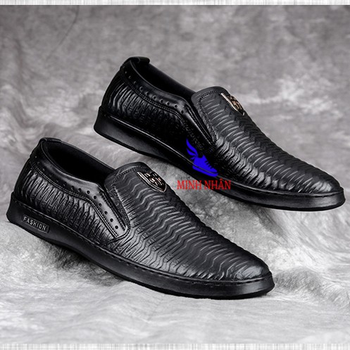 Giày lười nam da bò thật công sở slip on xỏ mẫu mới nhất vân sóng đẹp độc đáo hàng hiệu thời trang giá rẻ S-1 màu đen