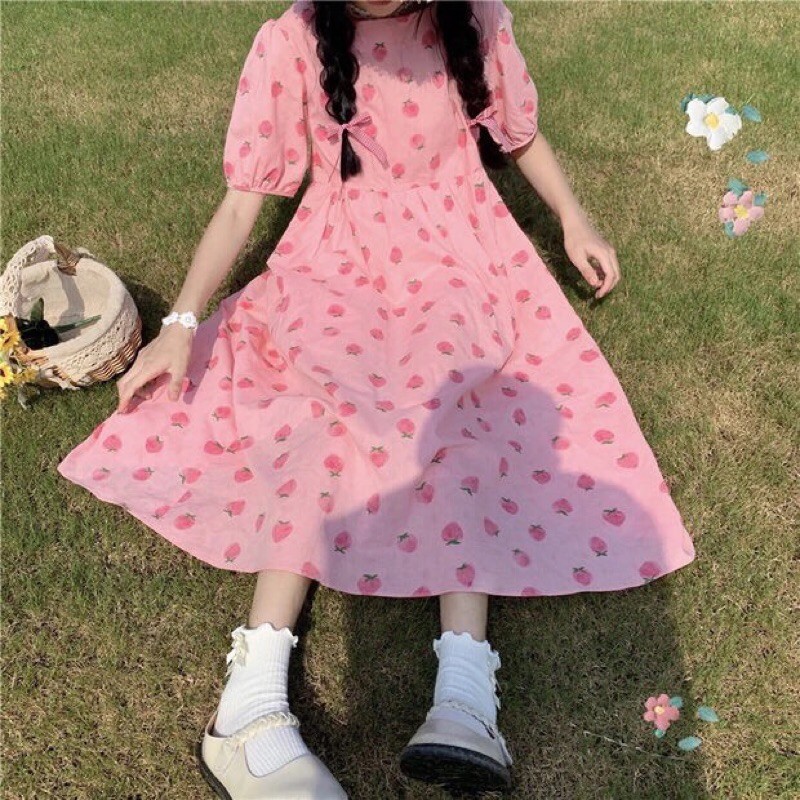 VÁY BABY DOLL TAY PHỒNG, HOẠ TIẾT HỒNG DÂU | BigBuy360 - bigbuy360.vn